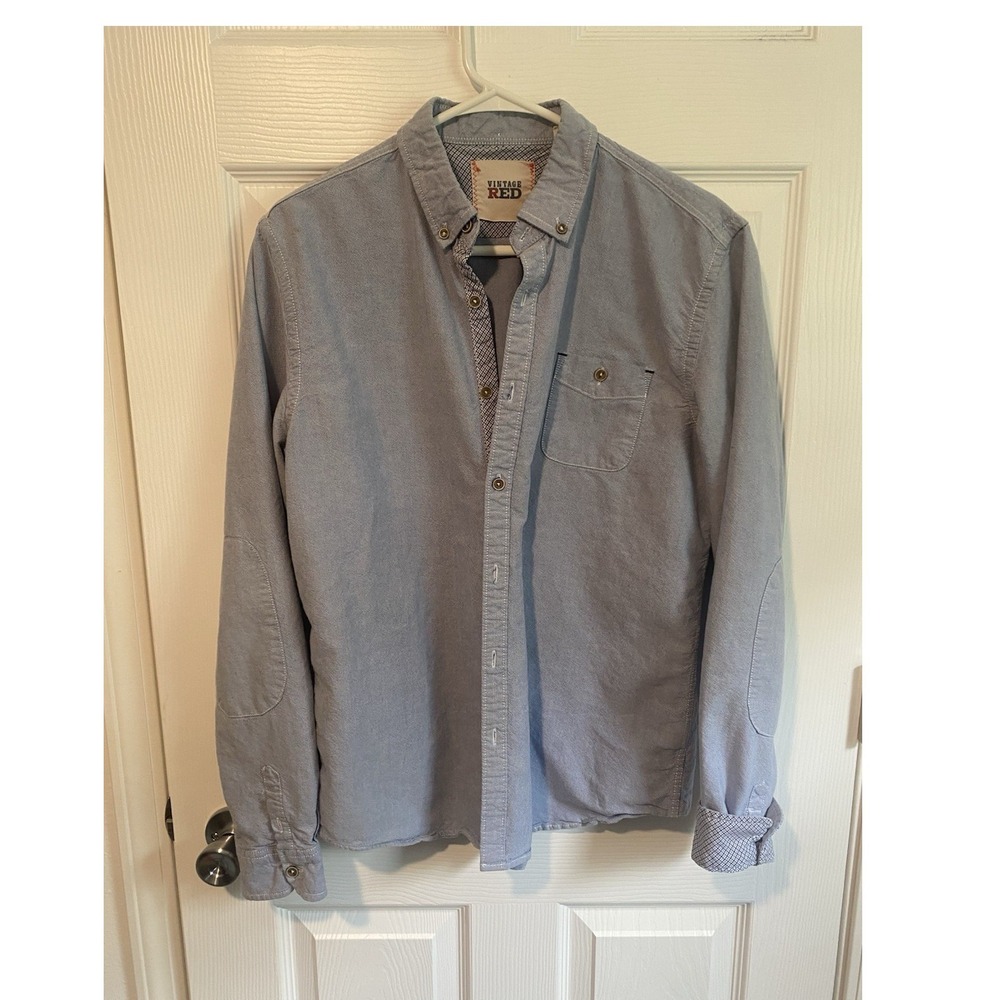 Vintage Red Blue Long Sleeve Solid Button-Down Shirt with Pockets